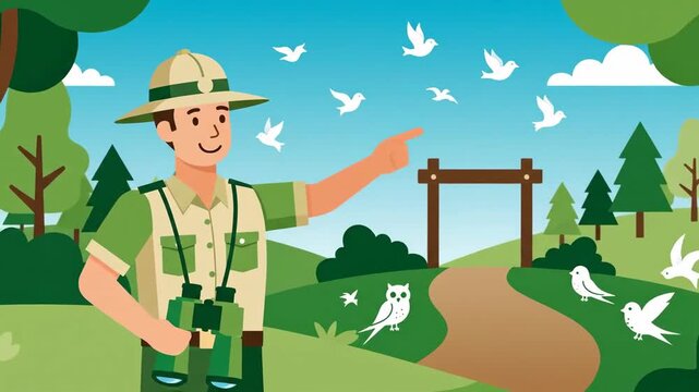 Enthusiastic Park Ranger With Binoculars Points Toward Birds And Nature Trail Animation