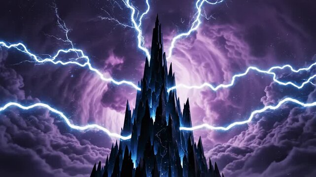 Abstract motion graphic animation loop of stylized blue electricity bolts striking a dark, jagged spire silhouetted against a swirling void of deep purple storm clouds dark, energy, silhouetted