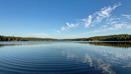 Obraz premium Tranquil lake scene with calm waters and a clear blue sky, surrounded by distant trees and reflecting clouds.