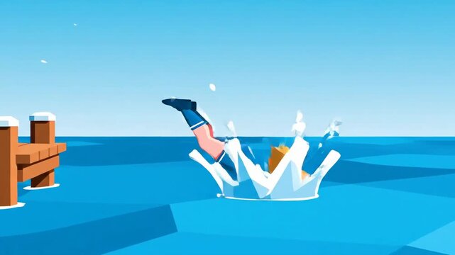 Enthusiastic Woman Jumps Off Pier Into Water Cartoon Animation Stock Footage