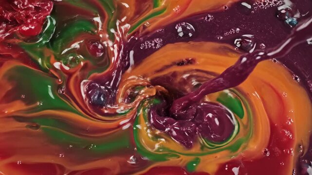 Abstract motion graphic animation loop of vibrant liquid currents representing mixed fruit juice flavors blending and flowing seamlessly as a colorful background texture data, science, product demo