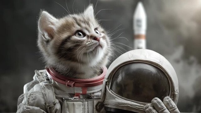 Adorable kitten in space suit with rocket in background