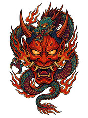 A fearsome red demon mask with a green dragon intertwined, surrounded by flames.