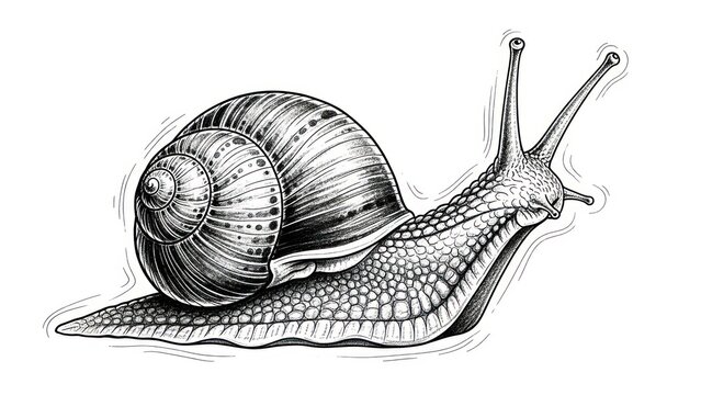 Detailed black and white illustration of a snail on a clean white background