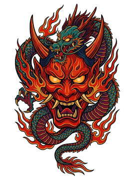 A fearsome red demon mask with a green dragon intertwined, surrounded by flames.