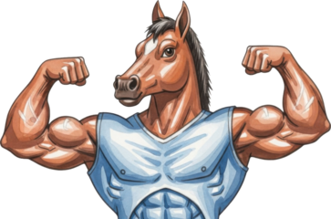 Strong horse flexing muscles in blue tank top isolated on transparent background