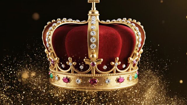 Abstract motion graphic animation of a detailed golden royal crown seamlessly appearing from glittering particles against an infinite black void dust, alpha, matte