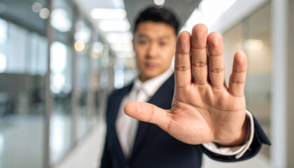 A man in a suit extends his hand with an open palm in a gesture of stopping or refusing. The person shows a clear signal of objection or denial in a professional setting