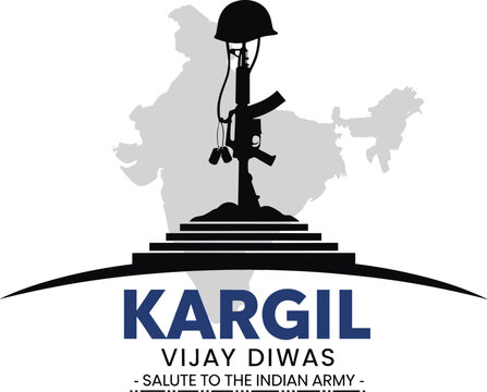 Kargil Vijay Diwas salute to Indian Army vector illustration with soldier silhouette and India map background for national victory day tribute design.