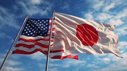 us flag waving next to japanese flag in blue sky. relations between usa and japan