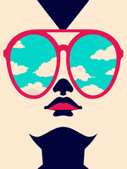 Person's face in a minimalist illustration features prominent red lips and oversized pink aviator sunglasses reflecting a bright blue sky with white clouds.