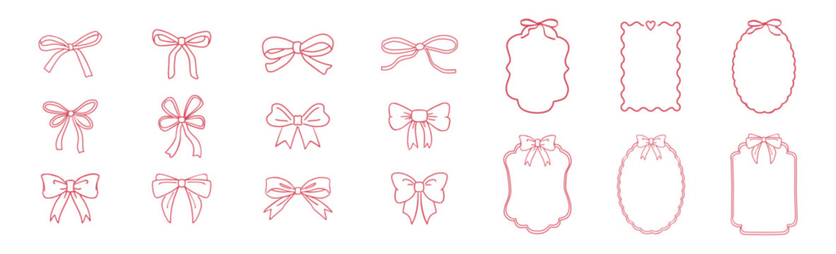 Coquette Bow and Ribbon Frame Illustration, Hand-Drawn Vintage Decorative Border for Wedding, Birthday, and Party Invitations, Isolated on Transparent Background