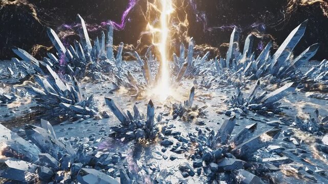 Abstract motion graphic animation of a divine light beam descending onto crystallized icy terrain creating a digital energy field bright, design, snow