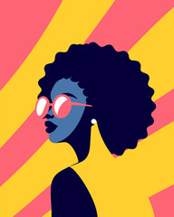 African American woman with voluminous curly hair and round sunglasses is portrayed in a vibrant pop art illustration against a lively pink and yellow striped background.