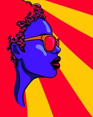 Vibrant pop art illustration portrays a woman with striking blue skin and curly pink hair, viewed in profile, wearing stylish orange-framed sunglasses with pink lenses, set against a dynamic.