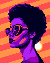 Stylish Black woman wearing large sunglasses and sporting an afro hairstyle is vibrantly illustrated in a pop art style, featuring bold purple and orange hues against a striped background.