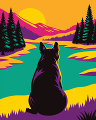 Dog observes a bright yellow sun setting over picturesque mountains and a flowing green river, depicted with a vibrant and highly stylized color scheme.