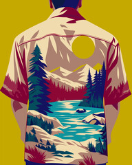 Person's back is visible, wearing a stylish Hawaiian shirt adorned with a vibrant illustrated landscape featuring mountains, a serene river, and lush pine trees under a yellow sun.