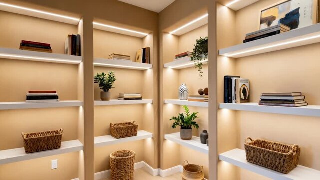 Medium shot highlighting customizable builtin shelving units in alcove settings demonstrating blend of functionality and aesthetic appeal.