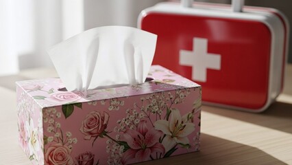 floral tissue box and red medical first aid kit on wooden table for allergy relief articles, cold and flu prevention blogs, home healthcare websites, and pharmaceutical advertising