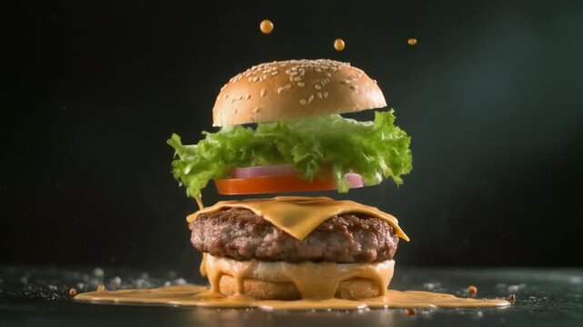 Deconstructed Cheeseburger with Melted Cheese Splash and Lettuce Tomato hamburger ingredients