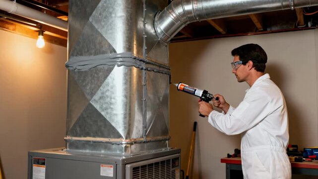 Technician applying adhesive sealant to HVAC air duct seams improving energy efficiency and preventing air leaks in a modern residential setting.