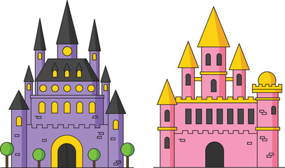 Flat vector illustration of a purple gothic fortress and a pink princess castle with gold towers for fantasy fairytale and magical kingdom design. © MdGohurul