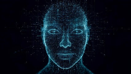 “Abstract artificial intelligence face made of glowing particles and data lines, futuristic digital art style, dark background, minimal composition, high contrast lighting, ultra sharp, professional s