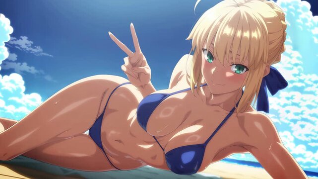 Anime-style illustration of a blonde woman in a blue bikini posing on a sunny beach, vibrant colors, summer mood, detailed anime art.