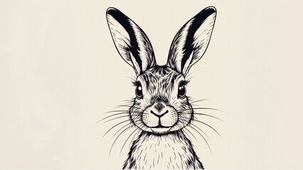 black white illustration rabbit face rabbit has round head two large ears pointed upwards its eyes large round its nose small pointed its ears long pointed has small nose whiskers illustration done