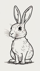 Obraz premium black white line drawing rabbit rabbit sitting its hind legs its front paws resting ground has two large ears pointed upwards small nose its eyes large round its mouth slightly open looking towards