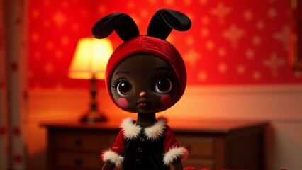 close doll face doll has dark skin big round eyes wearing red bunny hat black ears black dress white fur trim dress has round neckline short sleeves background red wall white polka dots wooden
