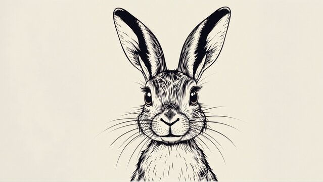black white illustration rabbit face rabbit has round head two large ears pointed upwards its eyes large round its nose small pointed its ears long pointed has small nose whiskers illustration done