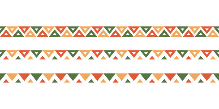Mexican pattern line border. African ethnic motif border. Aztec triangular ornament line stripe. Mexican or African ethnic culture ornament. Vector illustration isolated on white background.