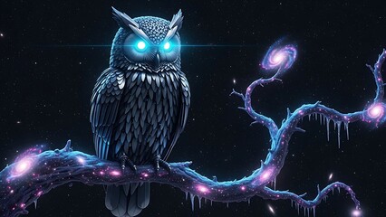 Mystical owl perched on cosmic branch