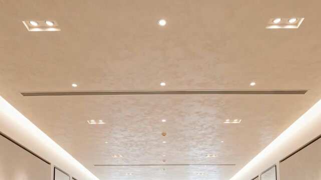 Medium angle on a retail store interior featuring a smooth monolithic ceiling emphasizing uniform surfaces and recessed lights for a polished look.
