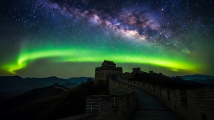 Aurora illuminates the great wall under the milky way