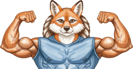 Strong fox flexing muscles in blue sleeveless shirt isolated on transparent background
