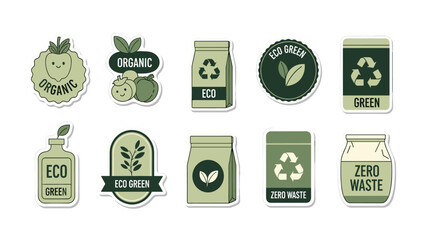 A collection of eco-friendly and organic product labels and stickers, promoting sustainable living and environmental consciousness.