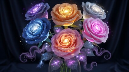 Luminous neon roses in dark ambience