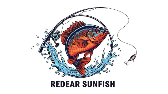 Vibrant Redear Sunfish Illustration Jumping from Water with Fishing Rod and Reel Action Scene Graphic for Anglers Outdoors Enthusiasts and Sport Fishing Tournament Design