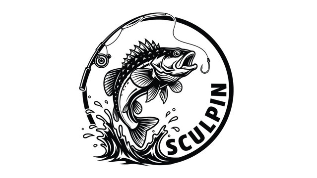 Sculpin Bottom Fish Jumping from Splashy Water with Spiny Fins and Fishing Rod Circular Badge Detailed Line Art Illustration for Freshwater and Saltwater Angling Apparel and Media