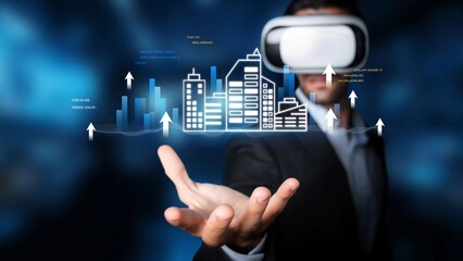 Business professional using virtual reality headset to interact with futuristic cityscape, technology, data visualization, and innovation in the digital era Gluon.