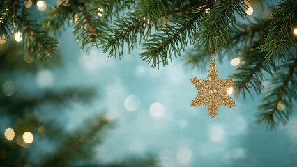 Close-up of Christmas tree branches with a gold snowflake ornament hanging, holiday decoration, festive and winter season.