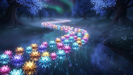 Enchanted forest pathway of radiant blooms