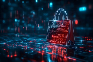 Digital shopping bag with code on futuristic background