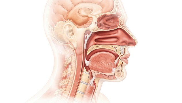 Isolated anatomical model revealing upper airway structures with transparent layers emphasizing soft palate height and tongue base in a sleepinduced narrowed pharyngeal passage.