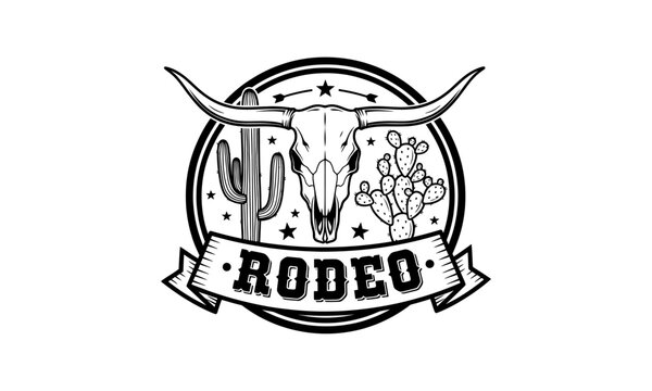 Rodeo emblem with longhorn skull and desert cacti in a circular badge design.
