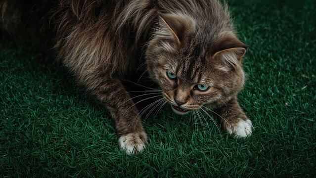 A close-up of a cat with blue eyes on green grass, displaying a fierce and focused expression. - Powered by Adobe