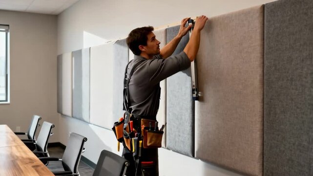 Installer aligning fabricwrapped soundproof panels along a conference room wall to create a quiet distractionfree environment for meetings and presentations.